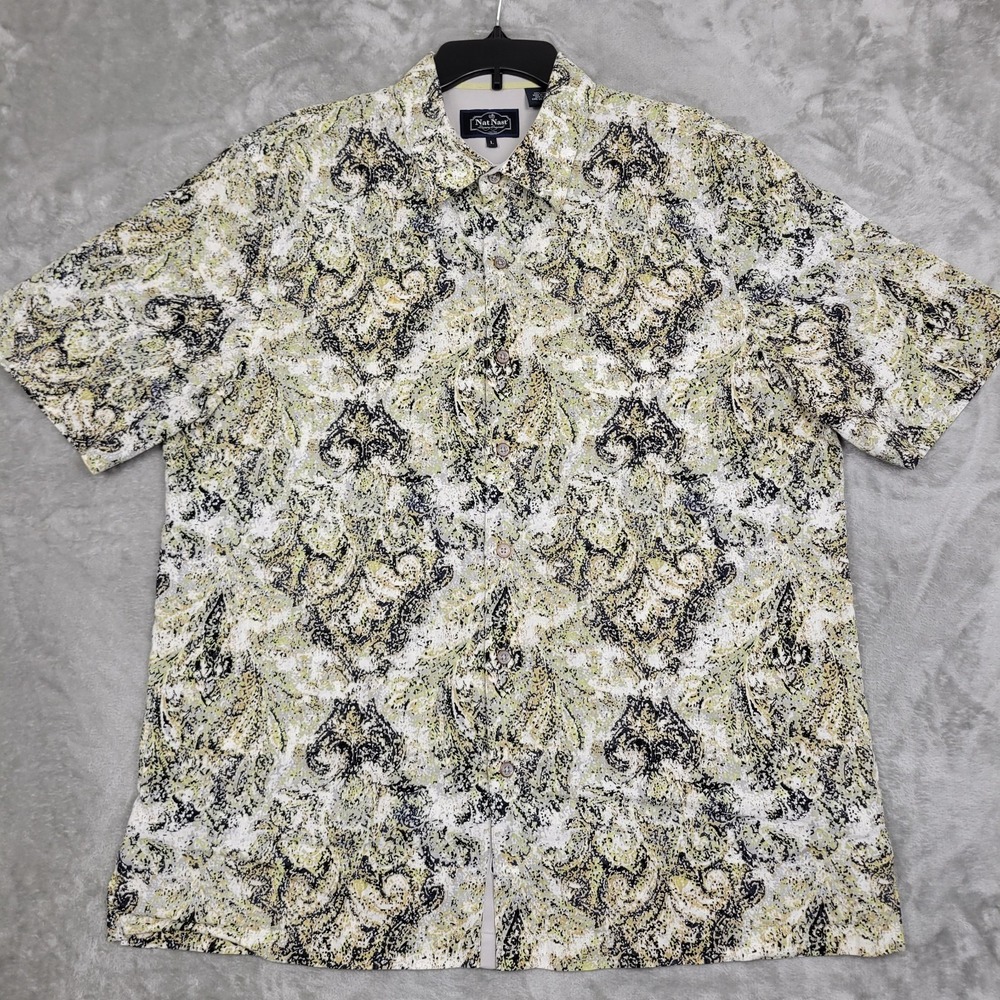 Nat Nast Luxury Originals Shirt Mens L Green Black Abstract 100% Linen Button-Up
